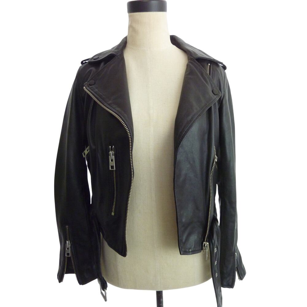 All Saints Balfern Womens Biker Leather Jacket Size 4 Black Moto Belted